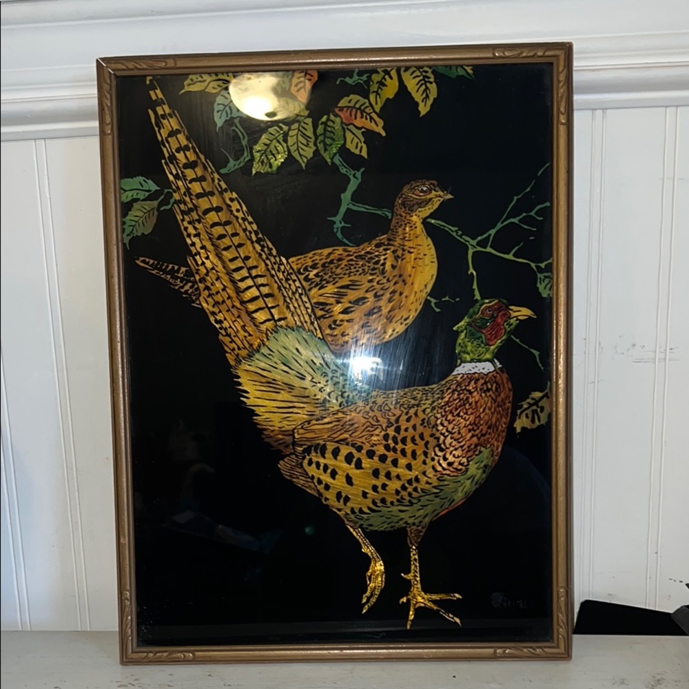 Antique Foil Art Reverse Painted Framed Pheasant Art
